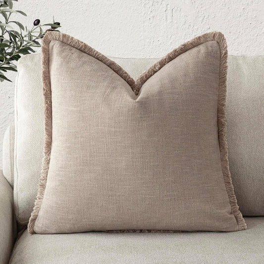 Foindtower Decorative Linen Fringe Throw Pillow Covers Boho Farmhouse Cushion Cover with Tassels Soft Accent Pillowcase for Chair Sofa Bed Living Room Home Decor, 22×22 Inch,1PC,Natural Linen