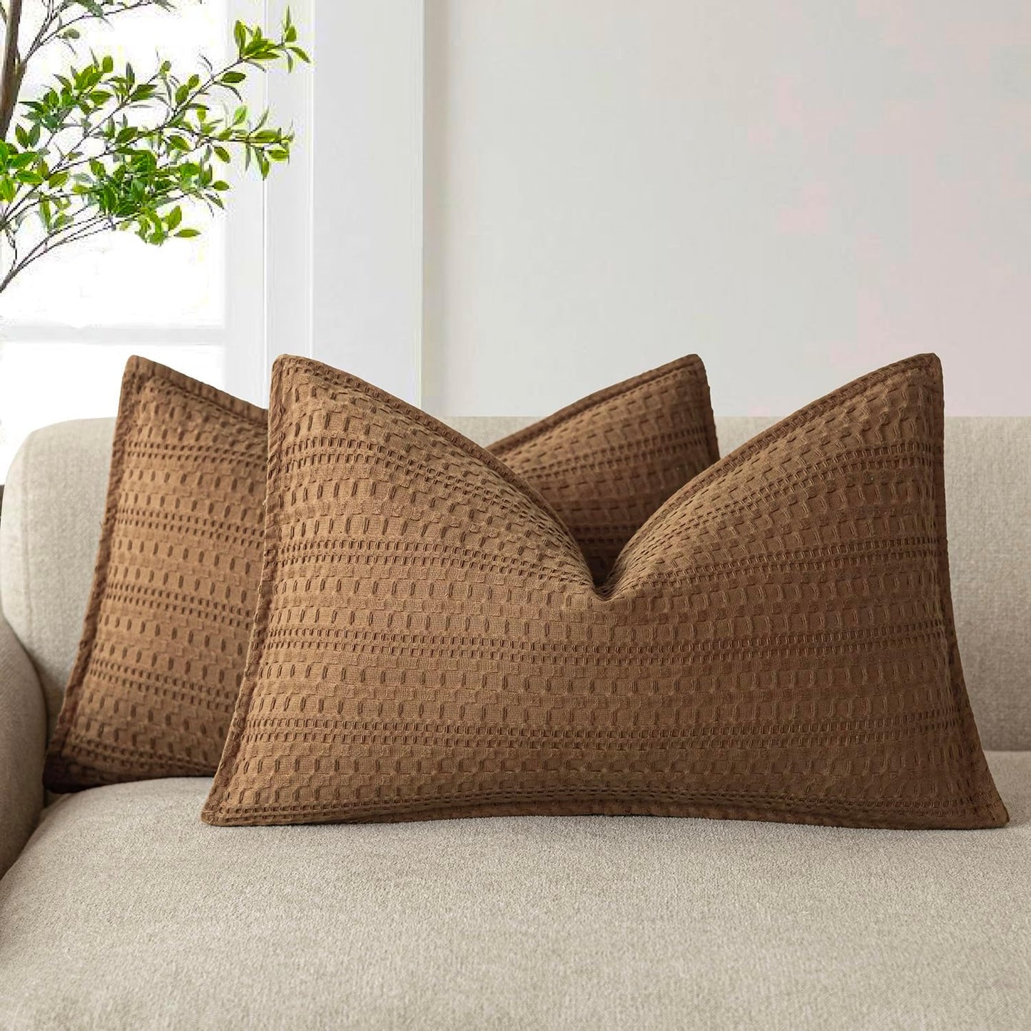 Foindtower Set of 2 Decorative Cotton Waffle Weave Lumbar Throw Pillow Covers Euro Shams Cushion Covers Accent European Pillowcase for Bed Couch Bedroom Living Room Home Decor 12×20 Inch Orange Brown