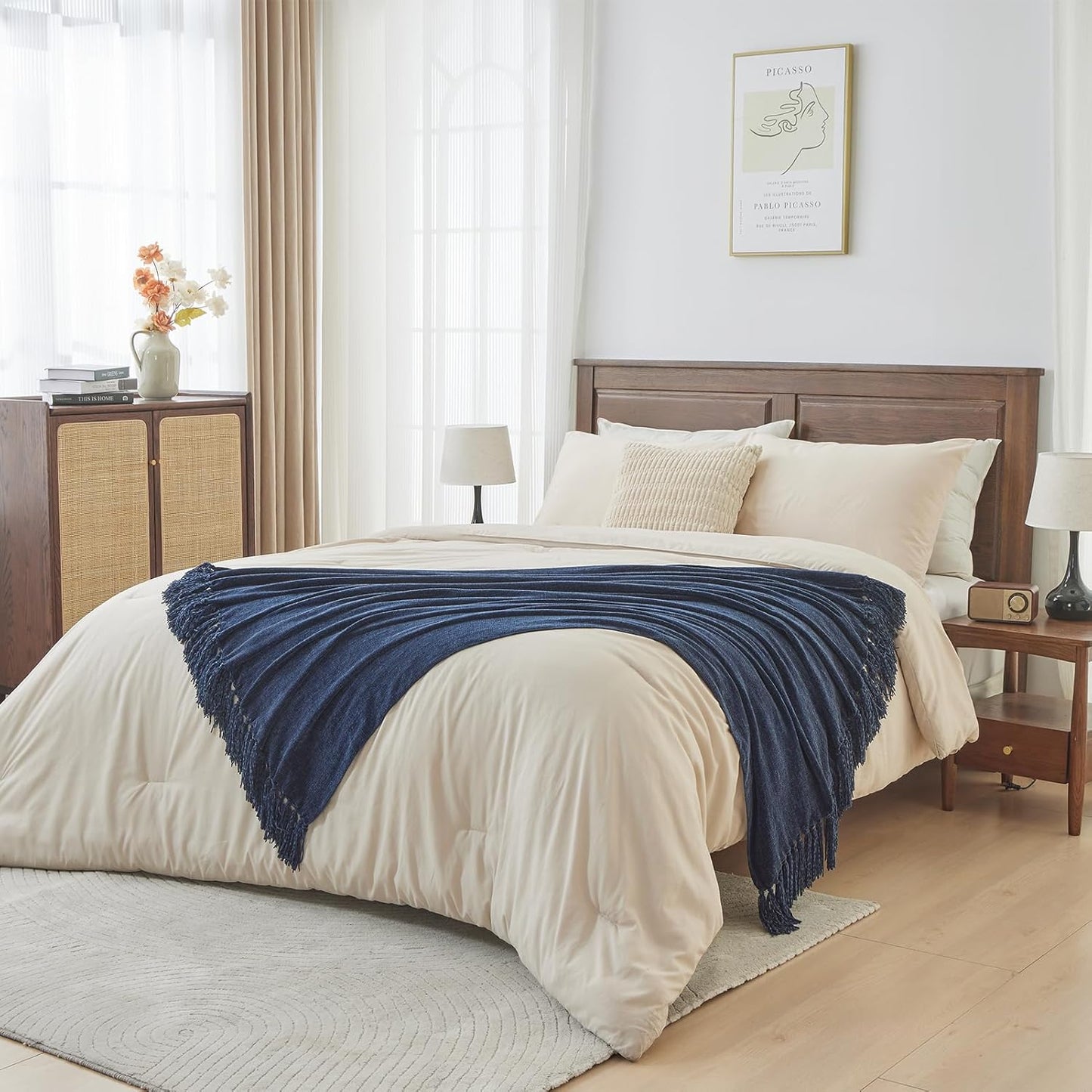 CozeCube Chenille Throw Blanket for Couch, Cozy Plush Fuzzy Decorative Navy Blue Blanket with Fringe Tassels, Lightweight Throws for Bed Sofa Gift Home Decor, 60"X80"