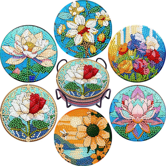 EWJRNSF 6 PCS Small Diamond Art Coasters Kits, Diamond Painting Coasters, Fall Diamond Art Kits for Adults Beginners, Arts and Crafts Item Sets with Holder for Drinks. Flowers