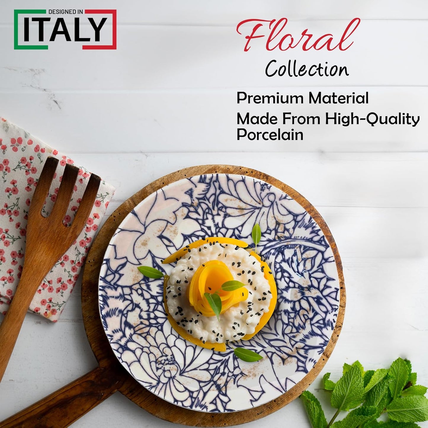 Gusto Buono Porcelain Dinner Plates - Set of 6-10.24" | Pearl Effect with Blue Floral Design | Dishwasher & Microwave Safe | Ideal for Indoor & Outdoor Dining |Ideal for Home Use, Parties & Gifts