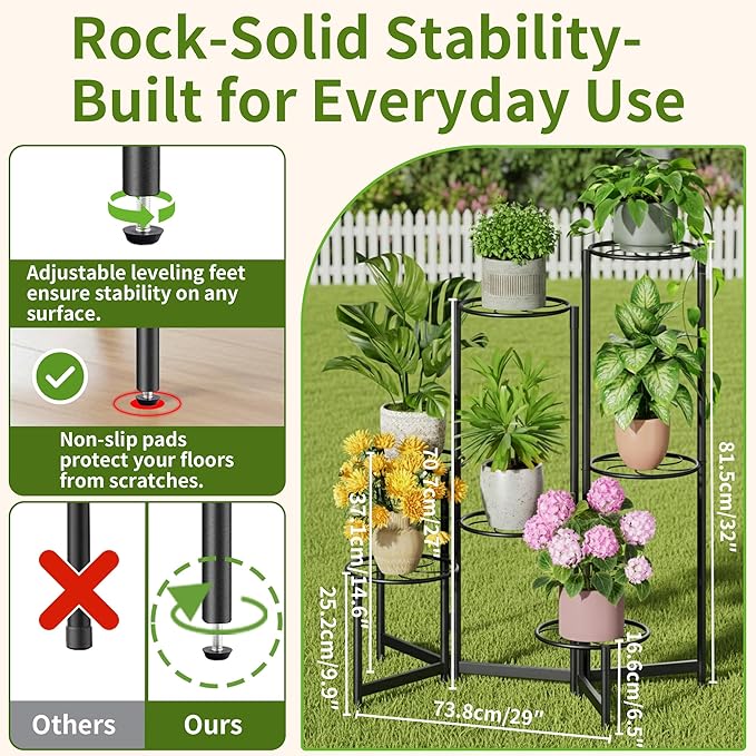 Corner Shelf Patio 7 Tier Metal Plant Stand Indoor Outdoor Tall Metal Flower Pot Stands for Multiple Plants Heavy Duty Plant Shelf Black Kite