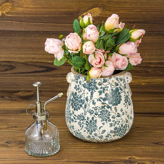 Teal Ceramic Pot for Planter, Vintage Flower Pot with Drainage Holes, 6.3 inch Ice Crack Glazed Indoor Planters Pot with Handle (Cyan)