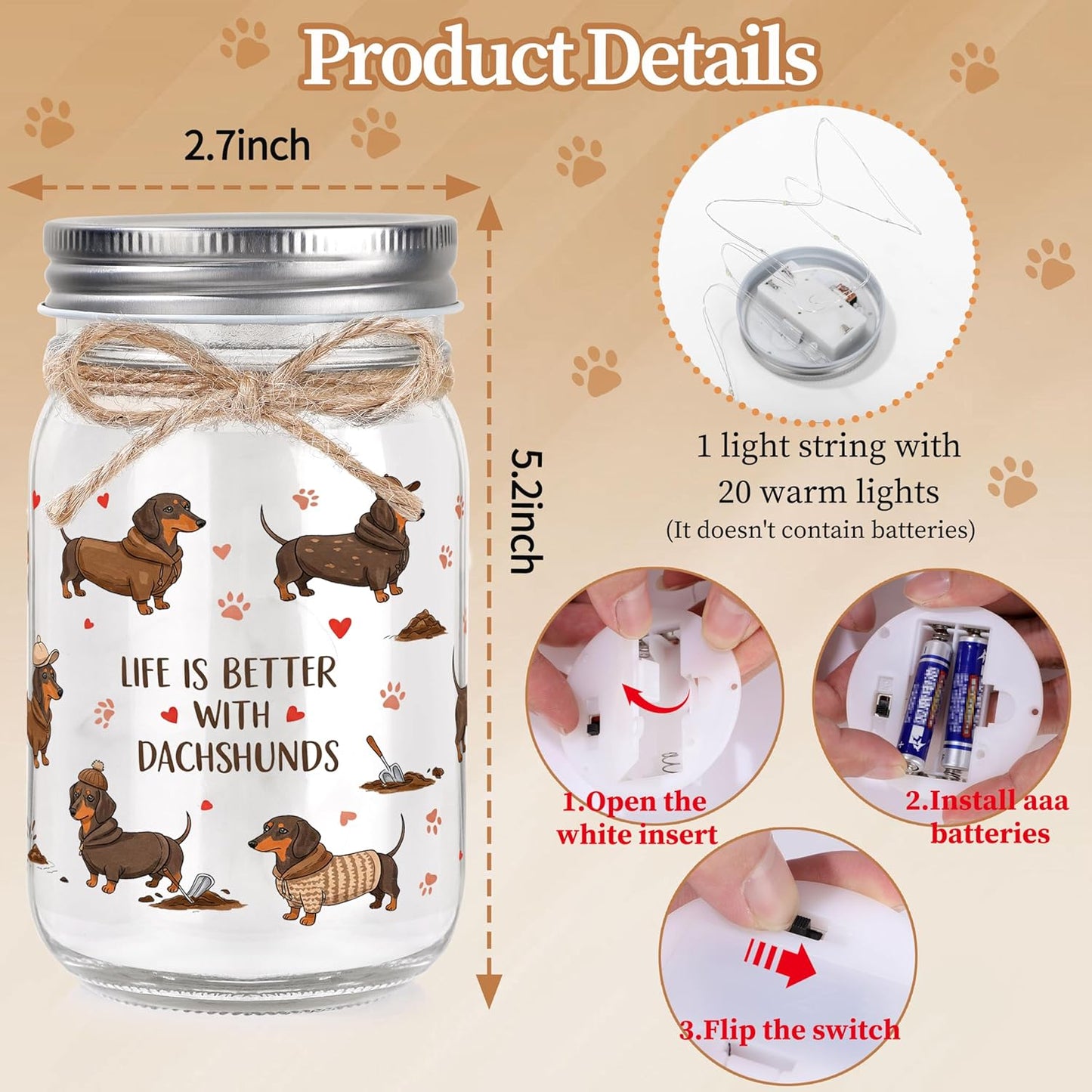 Dachshund Gifts for Women Dachshund Decor Weiner Dog Lover Gifts for Women Mason Jar Night Light