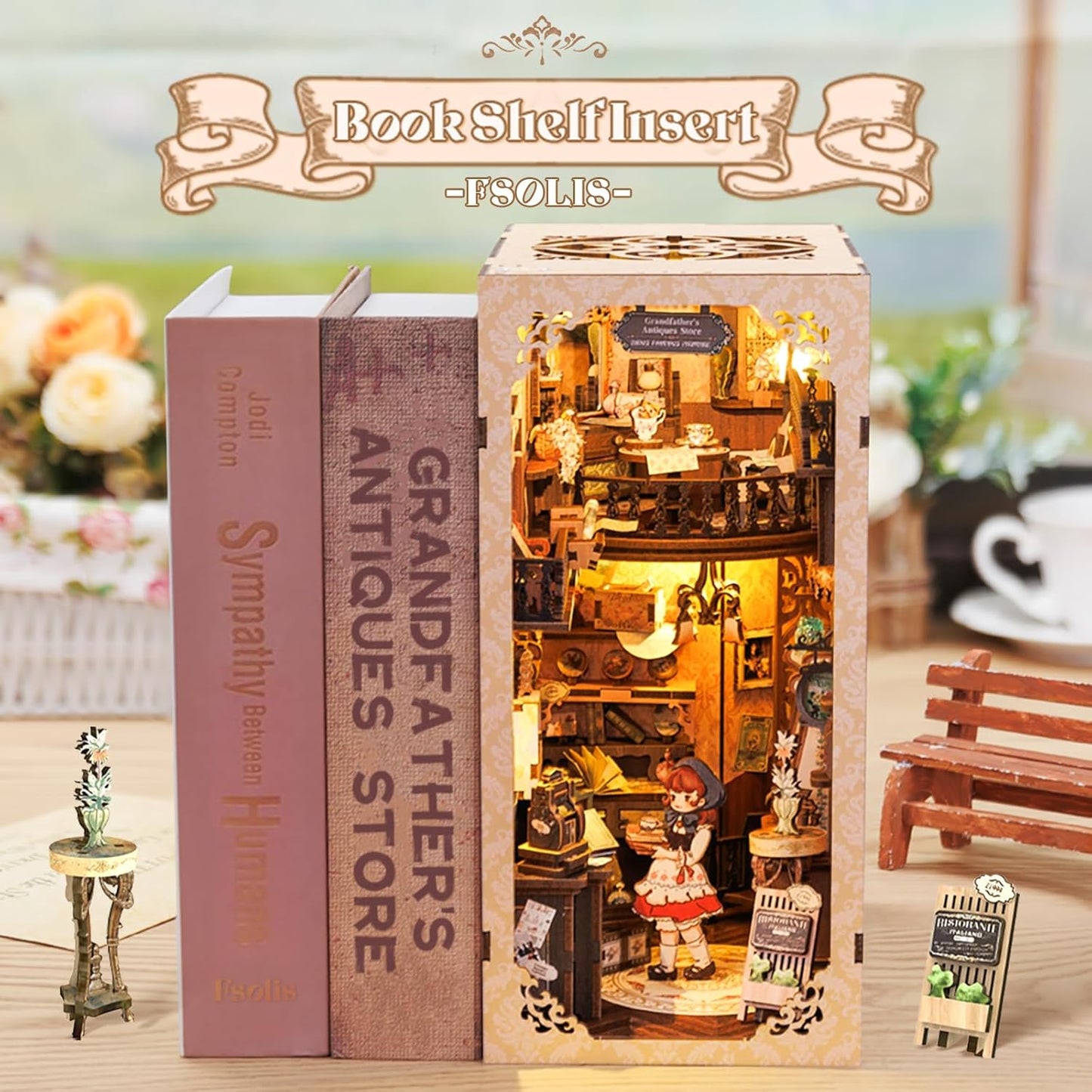 Fsolis Book Nook Kit, DIY Miniature Dollhouse Kit for Adults Bookshelf Decor Birthday for Women Teens Craft Lovers (Grandpa's Antiques Store)