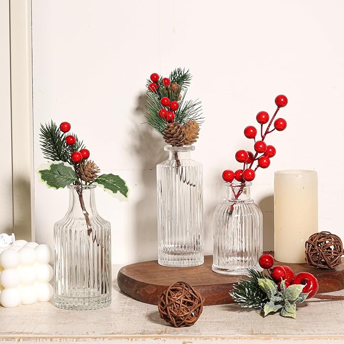 ComSaf Glass Bud Vases Set of 3, Small Flower Vases in Bulk, Mini Ribbed Vases for Centerpieces, Clear Vintage Vase for Table Decorations, Wedding, Party, Receptions, Home Decor (Different Sizes)