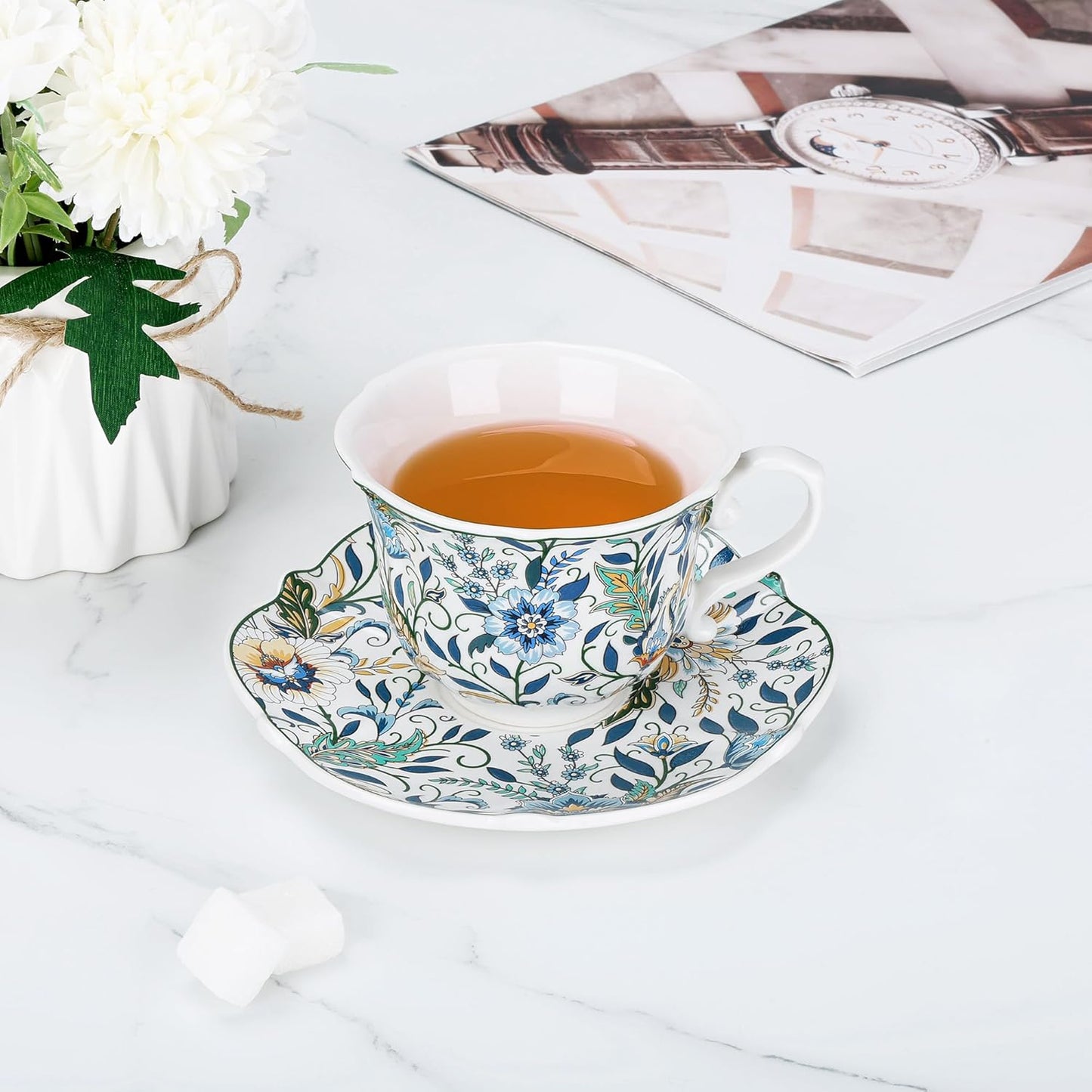 fanquare Vibrant Floral Porcelain Cup and Saucer Set, 8 oz Elegant Vintage Style Coffee Cup for Women and Tea Parties, Dishwasher Safe