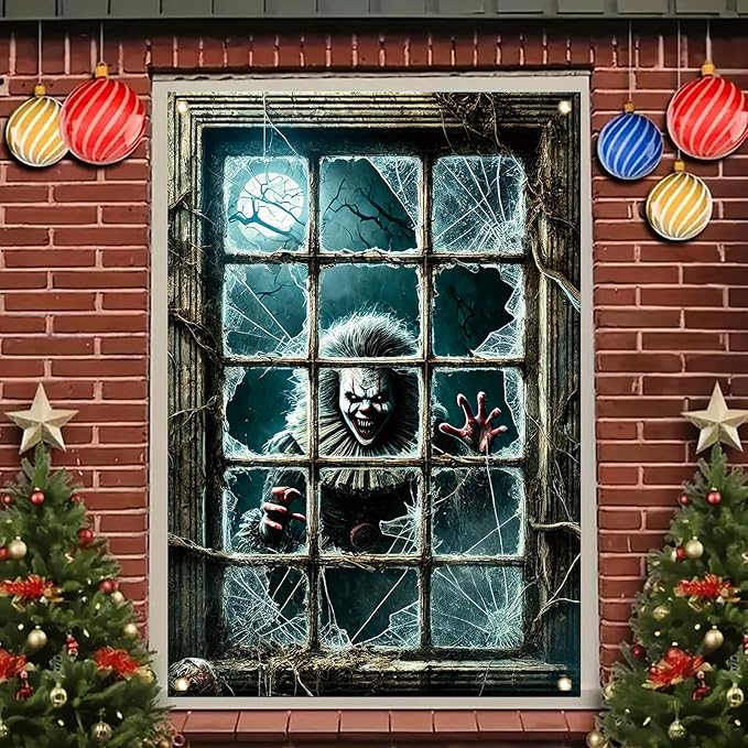 47x31 Inch Halloween Spooky Clown Window Cover Decoration Creepy Clown Horror Backdrop with Broken Glass Spooky Window Poster for Haunted House Outdoor Party Scary Theme Yard Decor