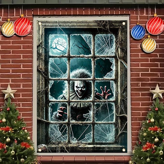 47x31 Inch Halloween Spooky Clown Window Cover Decoration Creepy Clown Horror Backdrop with Broken Glass Spooky Window Poster for Haunted House Outdoor Party Scary Theme Yard Decor
