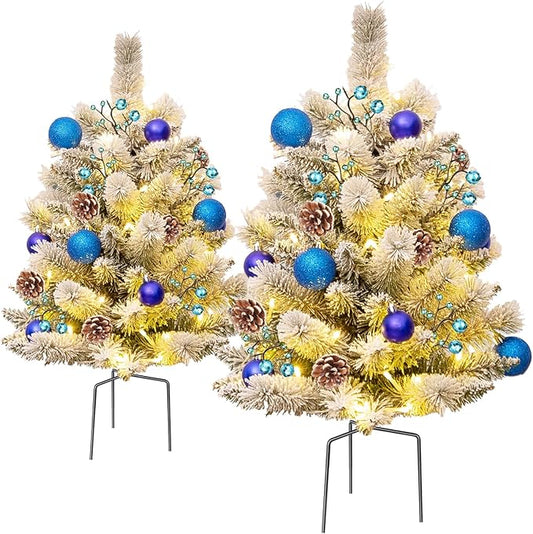 24'' Mini Artificial Christmas Tree with LED Lights, Faux Pine Cones and Berrys Pre-Lit Snow Flocked Xmas White Trees Christmas Porch Decorations Small Fake Trees for Outdoor Home Yard - Set of 2