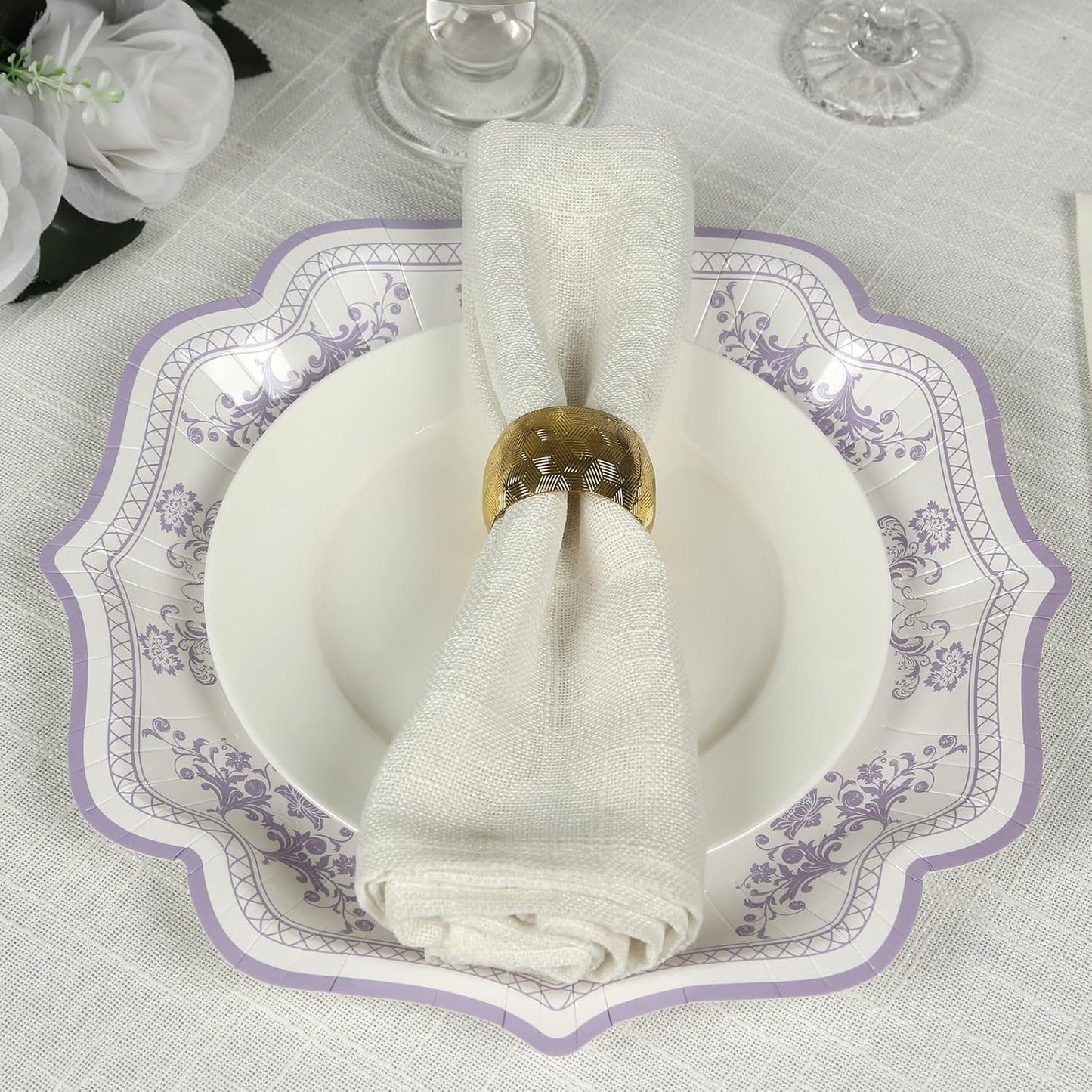 Efavormart 25 Pack White Lavender Lilac Paper Dinner Plates in Damask Floral Pattern, 10" Disposable Party Plates with Scalloped Rims - 300 GSM