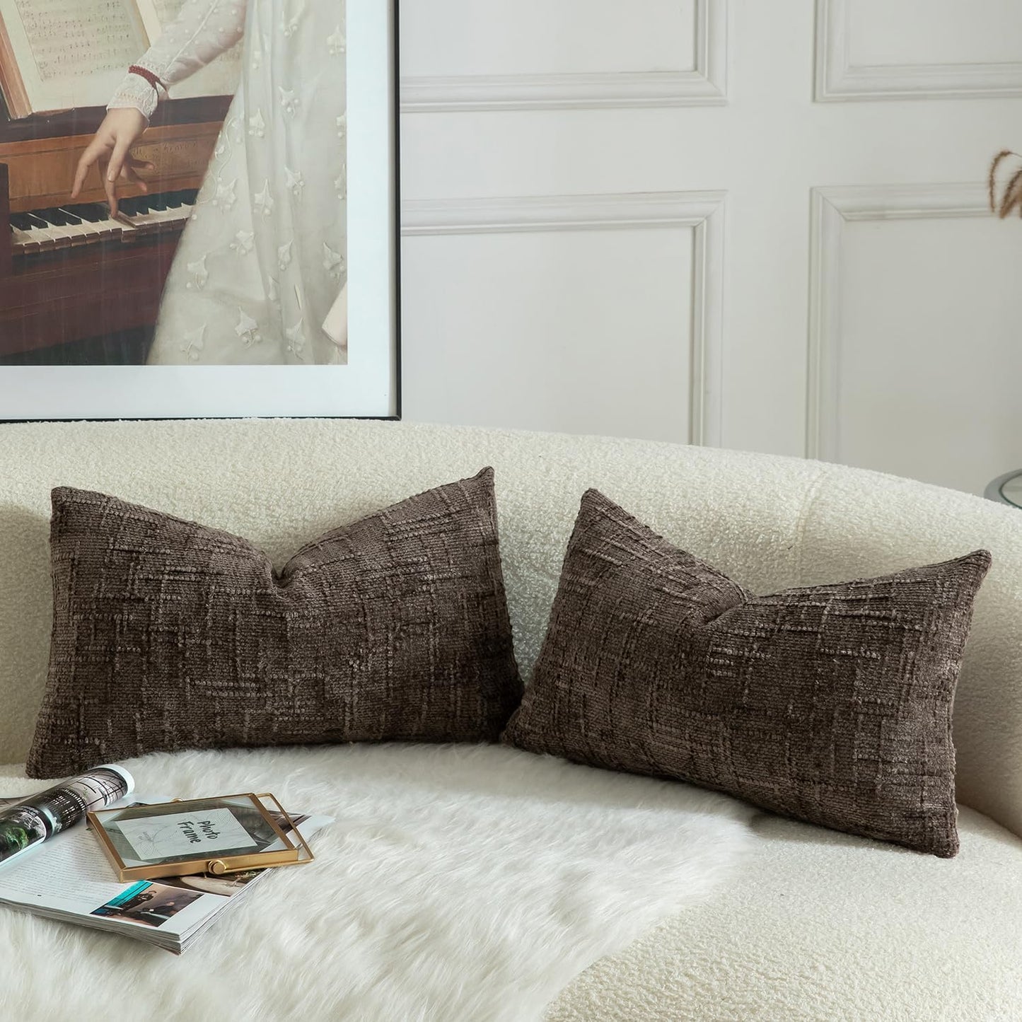 MANDIOO Pack of 2 Soft Chenille Textured Throw Pillow Covers Lumbar Accent Solid Decorative Cushion Cover Cozy Farmhouse Pillow Case for Couch Sofa Bed Living Room 12x20 Inch Coffee