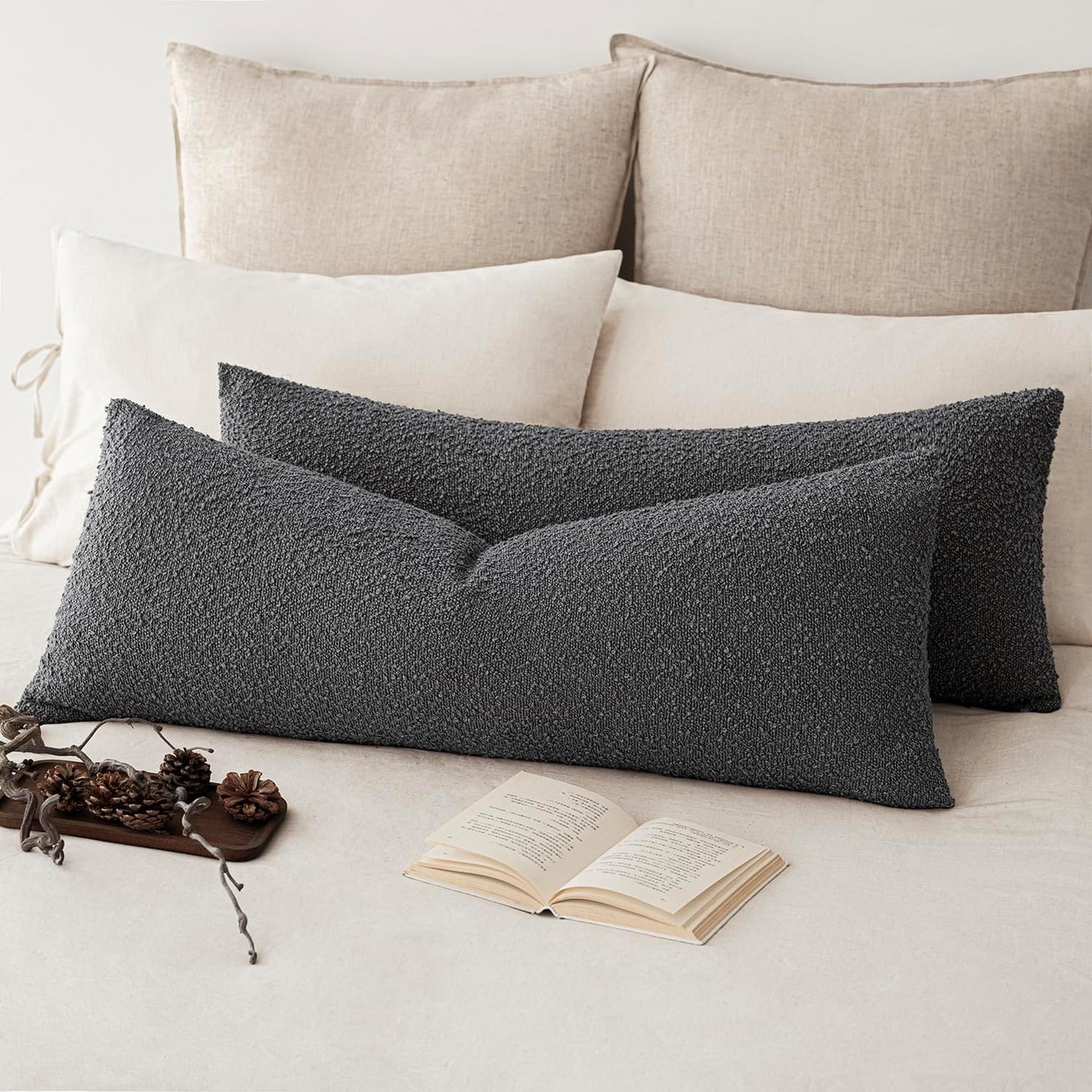 Foindtower Decorative Textured Boucle Throw Pillow Covers Accent Solid Pillow Cases Neutral Long Body Lumbar Couch Cushion Case for Chair Sofa Bedroom Living Room Home Decor 14x36 Inch,1PC,Dark Grey