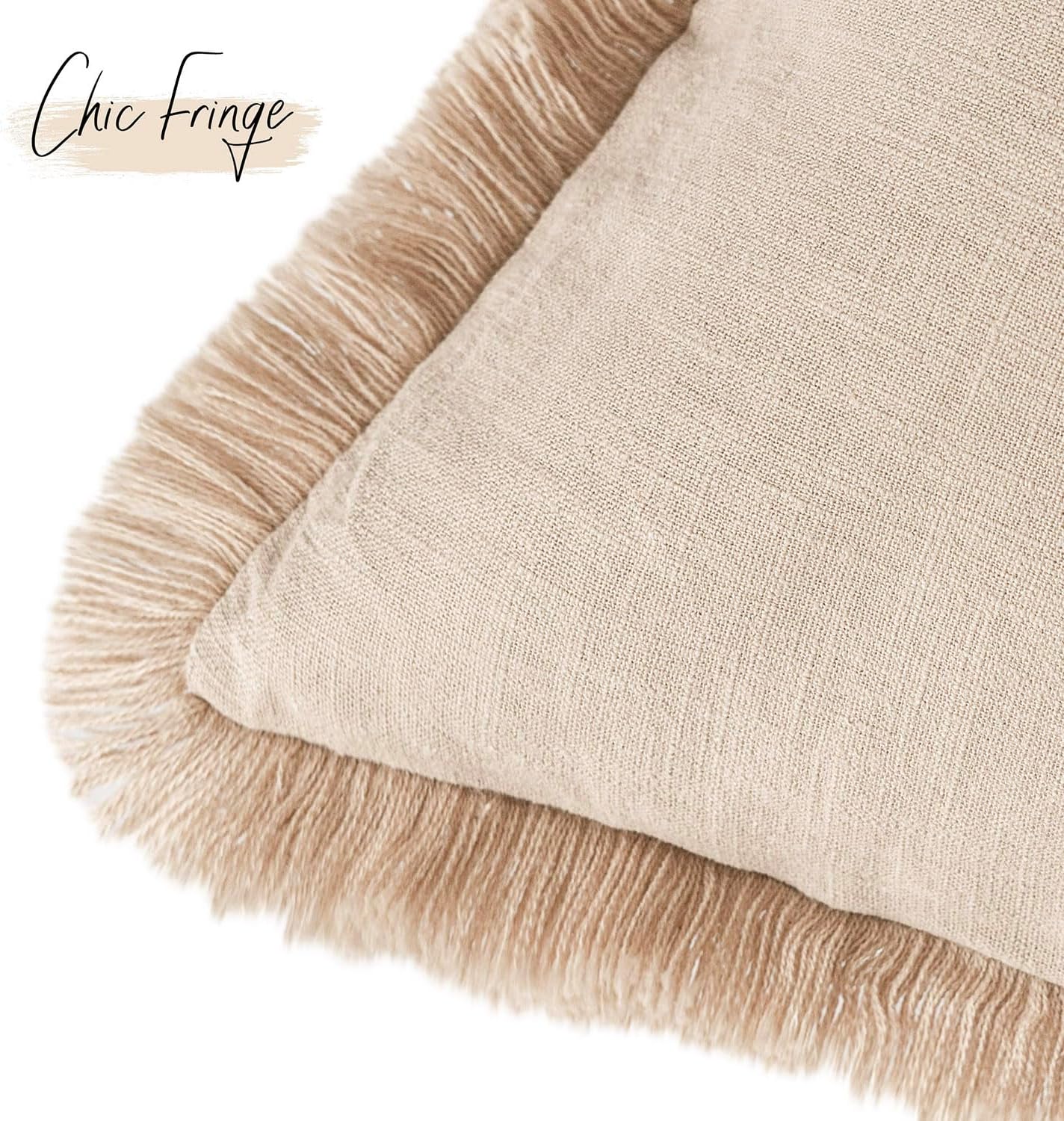 Foindtower Decorative Linen Fringe Throw Pillow Covers Cozy Boho Farmhouse Cushion Cover with Tassels Soft Accent Pillowcase for Chair Sofa Bed Living Room Home Decor, 22×22 Inch, 1PC,Tan Beige