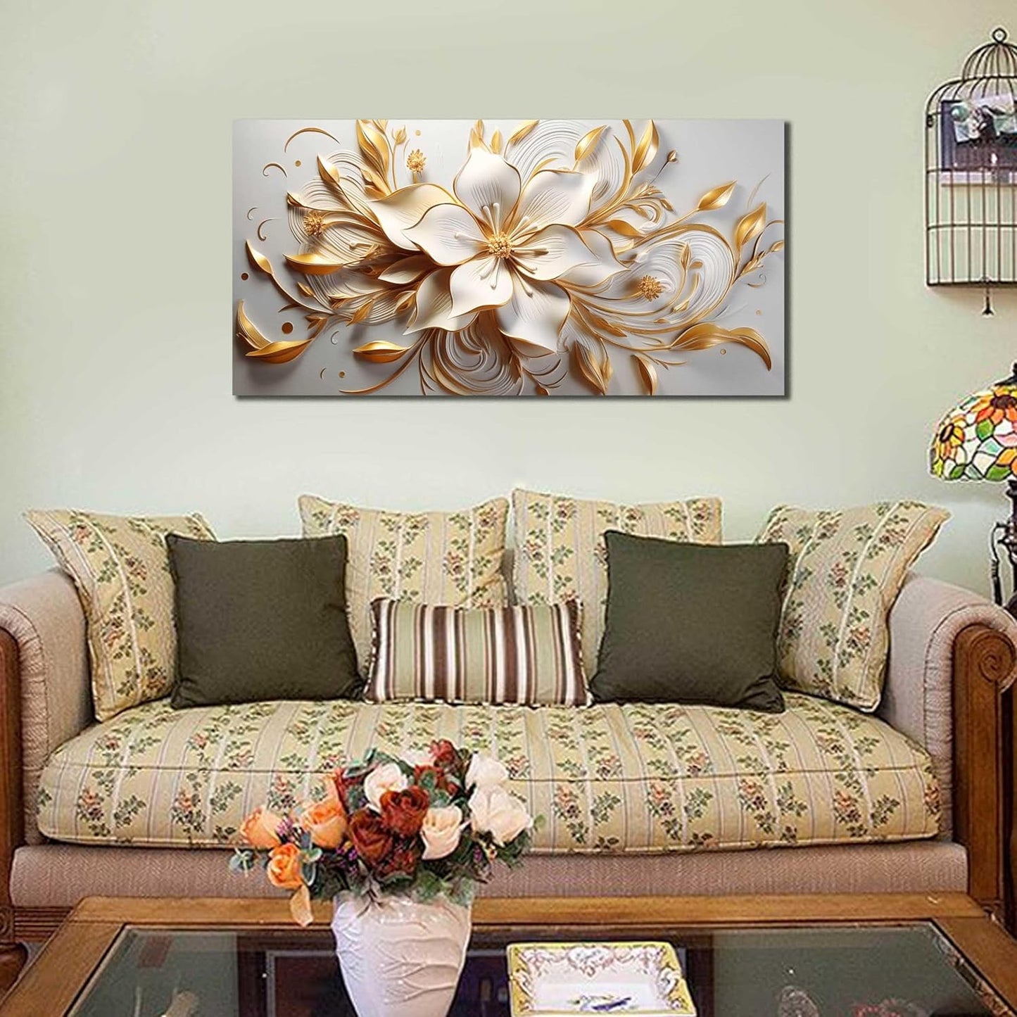 Flower Painting Wall Decor Living Room White and Gold Wall Art for Bedroom Modern Art Wall Decor Office Size 20" x 40"