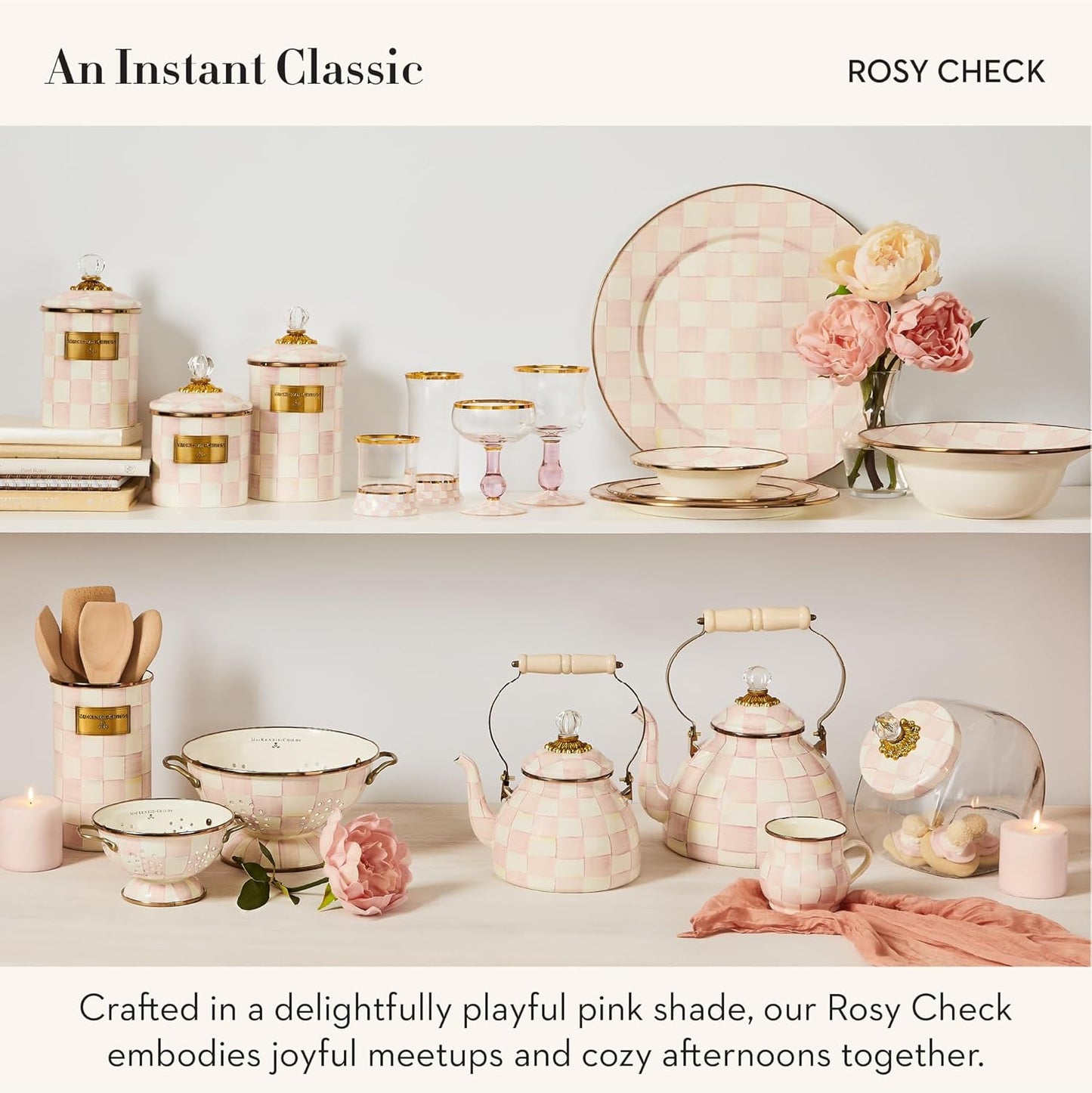 MACKENZIE-CHILDS Porcelain Mug, Tea and Coffee Mug, Pink-and-White Rosy Check