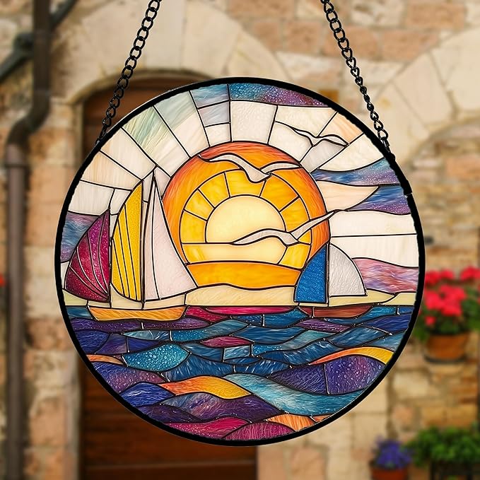 Stained Glass Window Hanging, Sailboat and Waves Suncatcher Diamond Glass Panel Hangings Sun Catchers Decor for Birthday for Women, Men, Wife, Aunt, and Mom 7.8 in