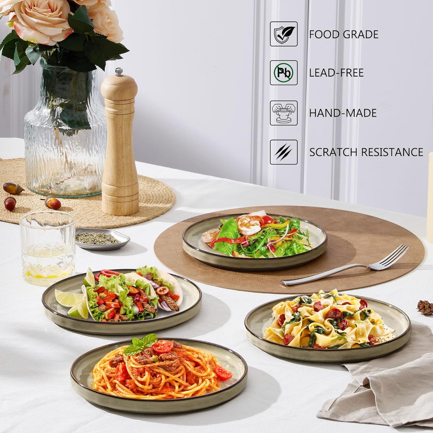 LIANYU Ceramic Plates Set for 4, 7.9In Porcelain Dinner Salad Appetizer Plates for Kitchen, Modern Round Stoneware Dining Dish Set, Scratch Resistant, Microwave, Oven and Dishwasher Safe, Sandy Beige