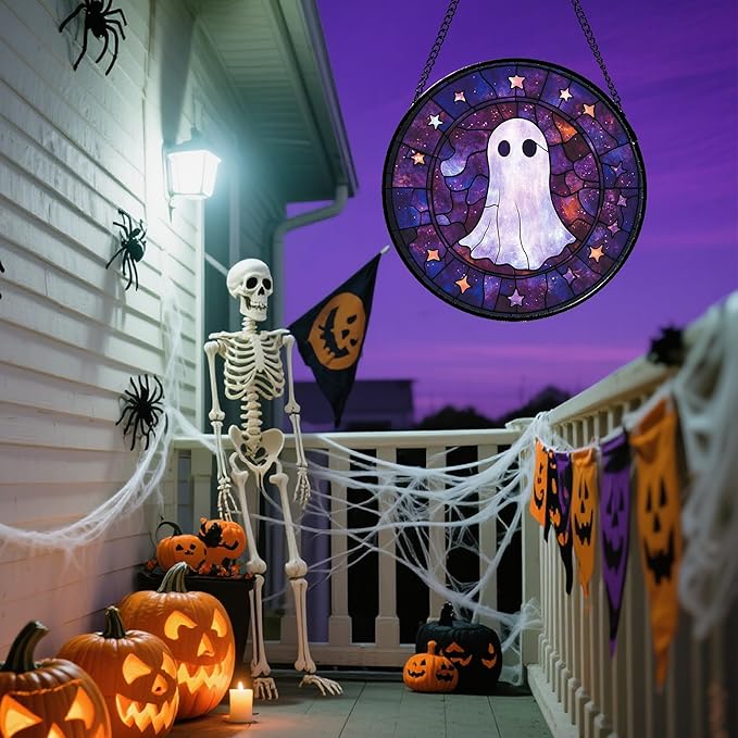 Stained Glass Window Hanging - Halloween White Star Ghost Purple Starry Sky Suncatcher for Doors Garden Indoor Spooky Sun Catchers Gothic Decor Horror Gifts for Women Men Friend 6.3 in
