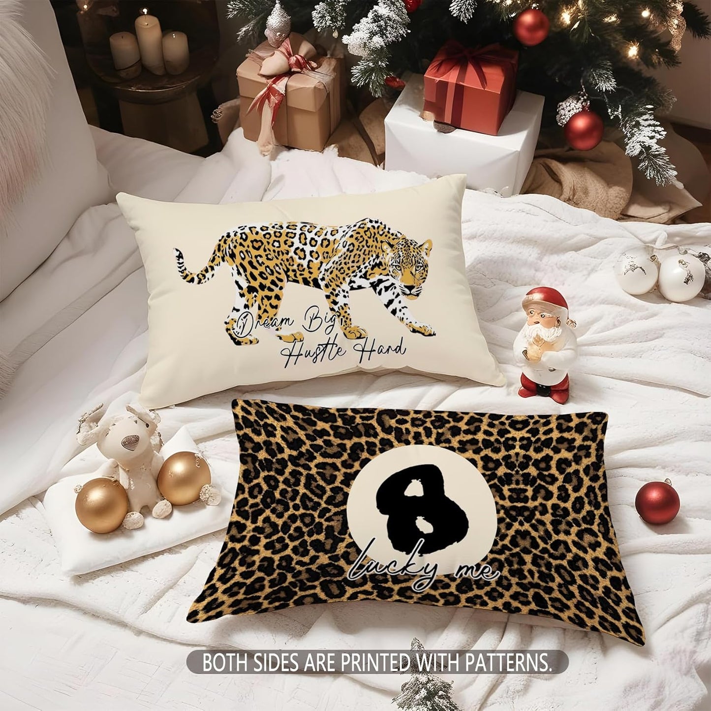 Coquette Pink Bow Leopard Print Lips Lucky 8 Ball Throw Pillow Covers 20x12, Cheetah Print Room Decor, Funky Y2K Leopard Decorative Pillow Covers for Girls Room Dorm Apartment Home，Set of 2