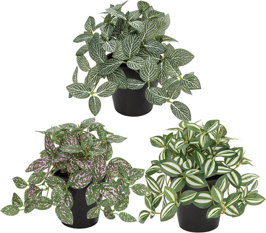 Hollyone Fake Plants 3 Packs Artificial Plants Indoor Faux Plants with Black Plastic Pot Small Fake Potted Plant for Home Aesthetic Living Room Bathroom Desk Shelf Office Decor