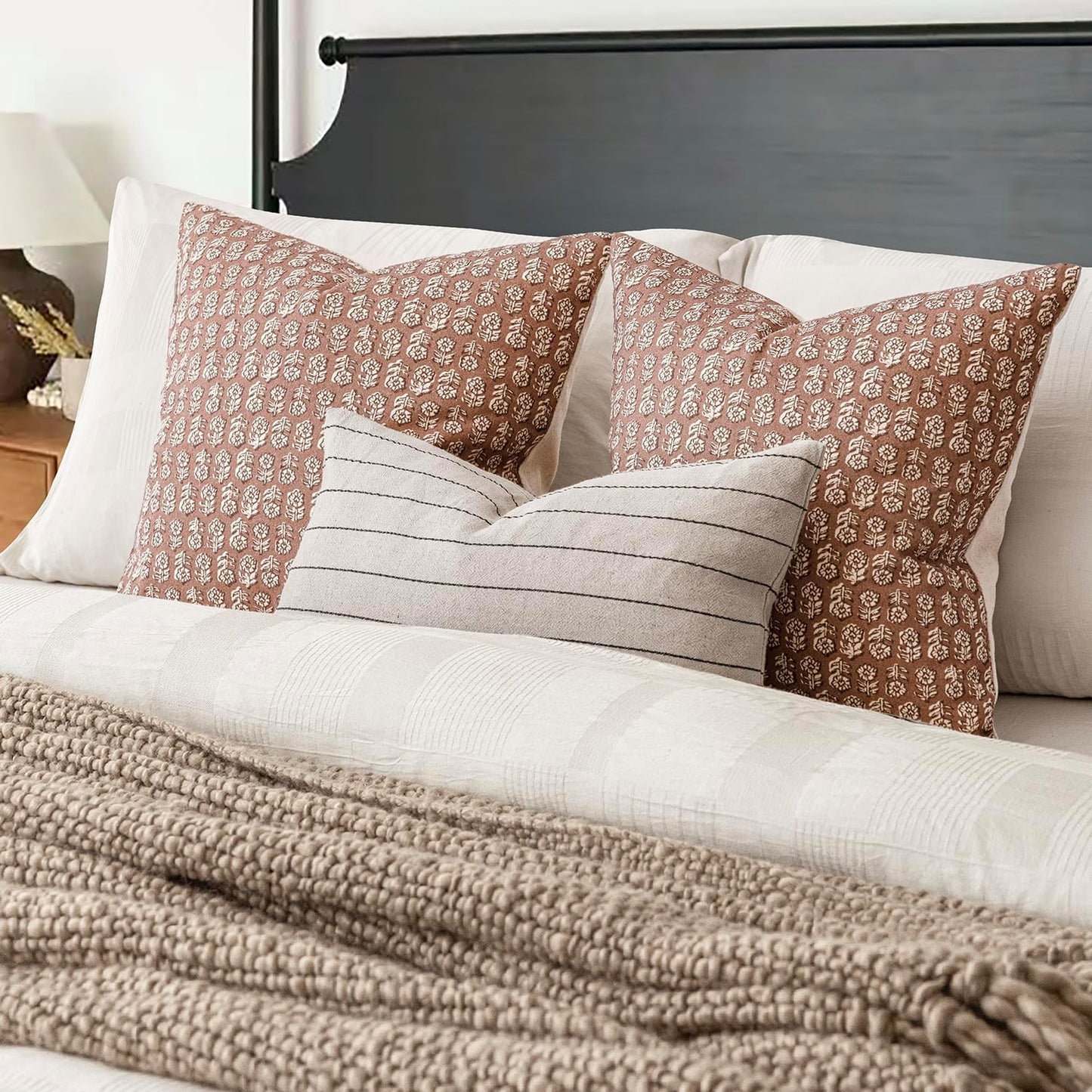 Foindtower Set of 2 Decorative Neutral Floral Print Throw Pillow Covers Vintage Farmhouse Cushion Covers Boho Home Decor for Sofa Chair Couch Bedroom Living Room,18×18 Inch,Light Orange Brown