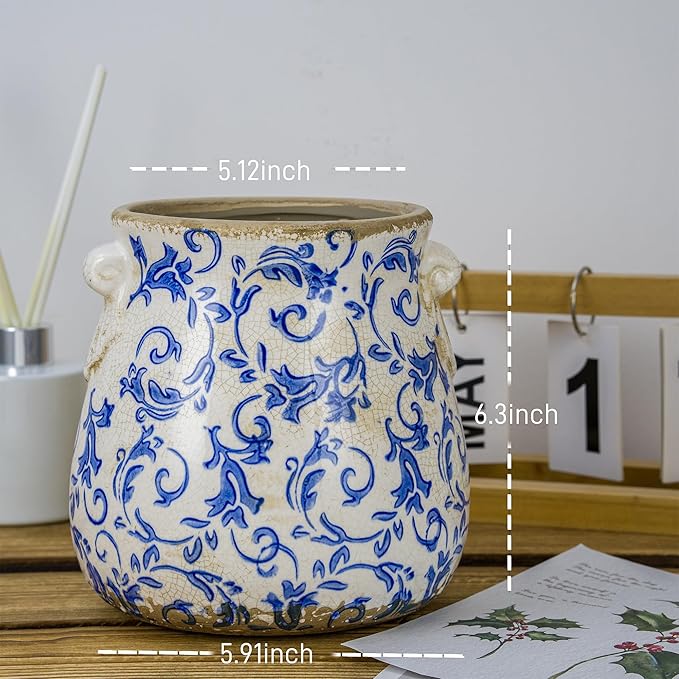 Vintage Blue Ceramic Ice Crack Glaze Flower Pot with Drainage Holes and With Handle, Country Rustic Planters for Indoor and Outdoor,Tuscan Decor,Home,Living Room, Garden Decor, Gardening Gift (Blue)