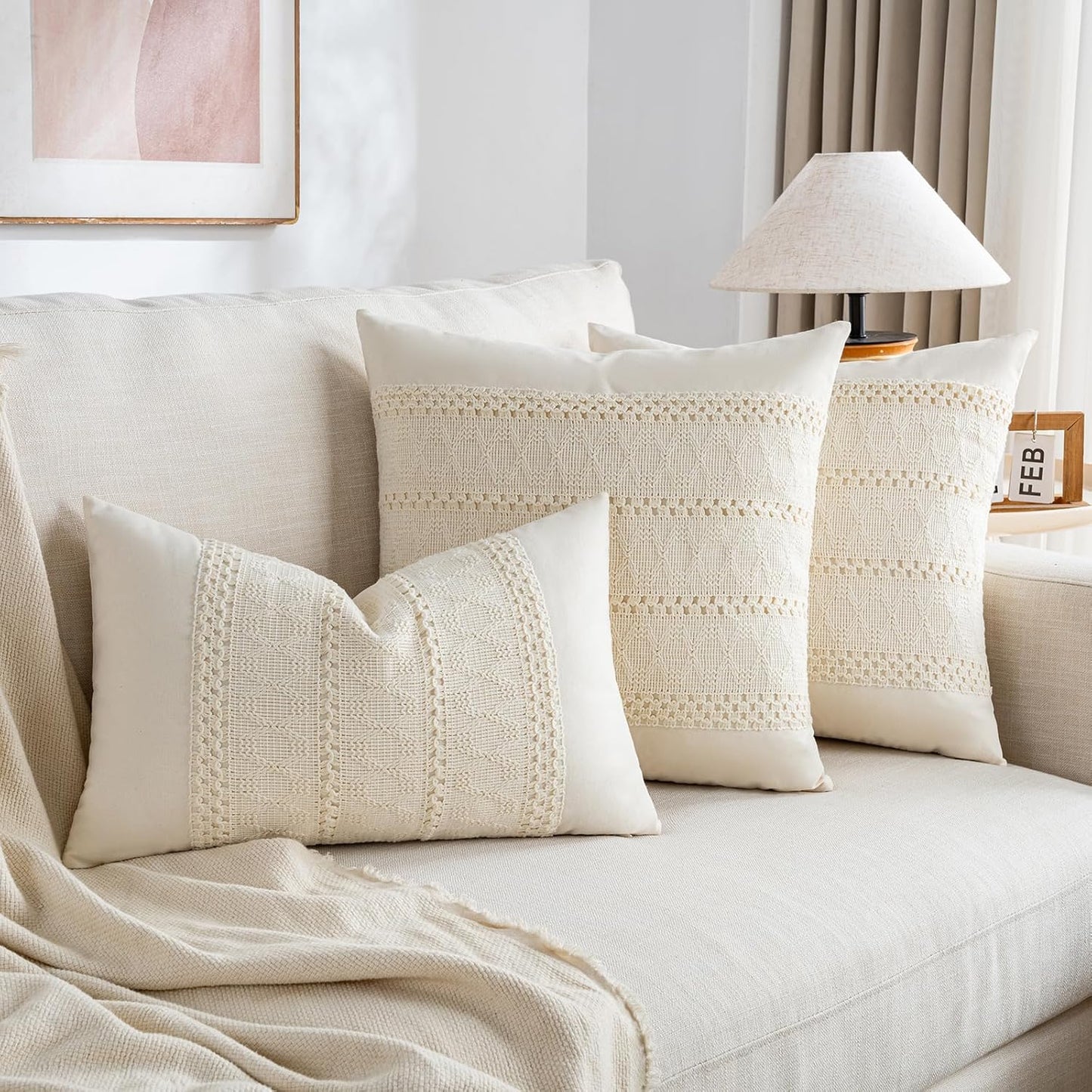 Fancy Homi Set of 1 Boho Cream Decorative Throw Pillow Cover 20x20 Inch for Couch Bed Sofa, Aesthetic Modern Organic Farmhouse Home Decor, Soft Cotton Cute Accent Macrame Woven Cushion Case