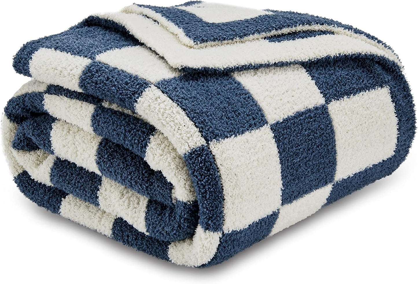 CozeCube Super Soft Fullfy Microfiber Reversible Knitted Blankets, Warm Cozy Fuzzy Plush Throw, Dusty Blue and White Checkered Throw Blanket for Couch Bed Sofa, 50" x 60"