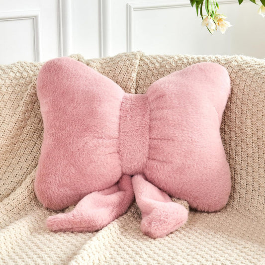 Dusty Pink Bow Pillow, Soft Bow Decorative Pillows with Faux Rabbit Fur, Cute 16" Bow Throw Pillows, Aesthetic Home Decor Bow Shaped Plush Pillow for Bedroom Sofa Couch