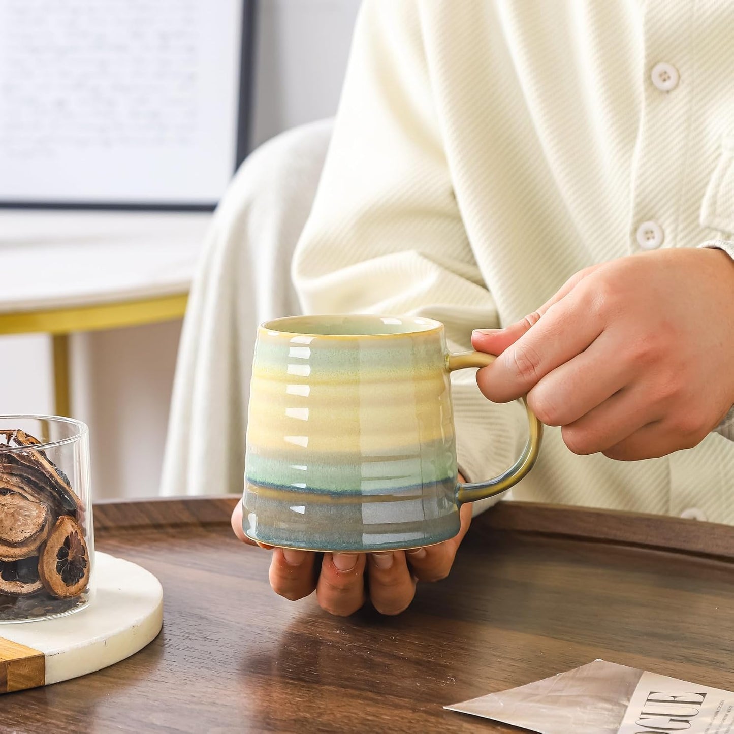 Large Ceramic Coffee Mugs, Handmade Pottery Mug, Tea Cups with Handle for Office and Home, 16 Ounces, Dishwasher and Microwave Safe (Grayish Blue)