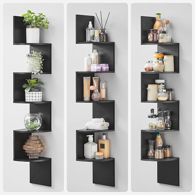 VASAGLE Corner Shelf Wall Mount, 5-Tier Floating Corner Bookshelf, Plant Shelf for Bedroom, Living Room, Bathroom, Home Office, Ink Black