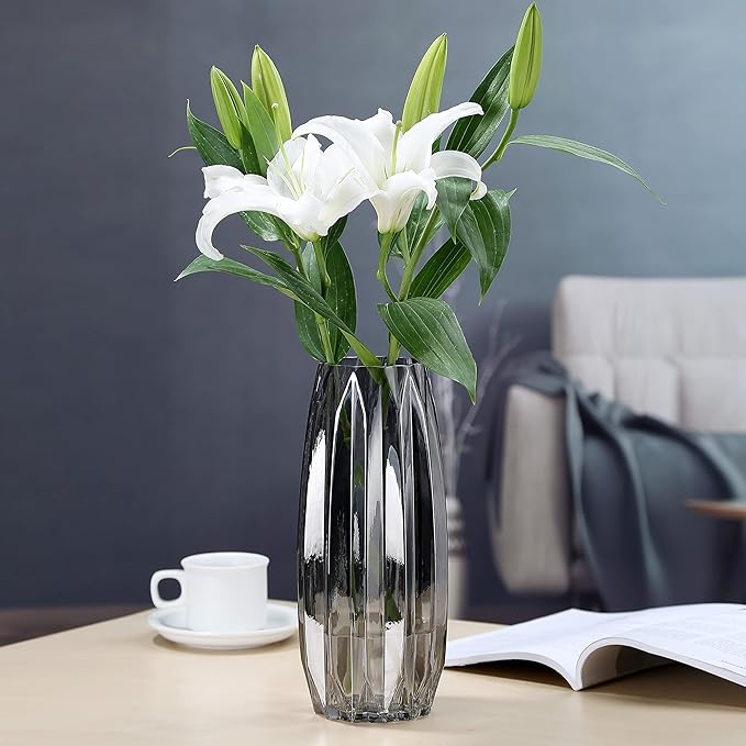 Black Grey Glass Vase with Modern Ribbed for Flowers, Candles, and Decorative Accents - Tall/Short Glass Vase for Centerpieces Home Table Decor(Grey H7.87inch)