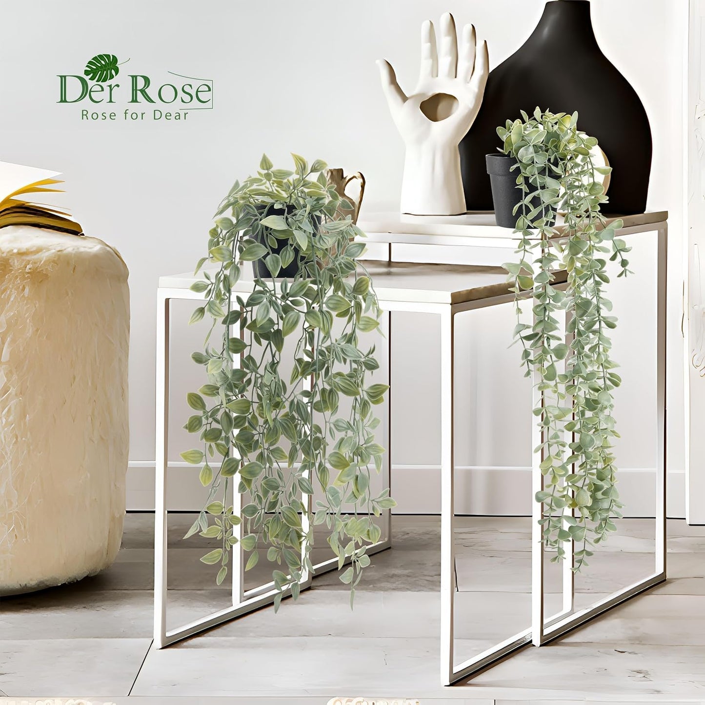 Der Rose 2Pcs Fake Plants Hanging Artificial Decor Faux Potted Eucalyptus and Pea Pod Plants for Boho Bathroom Home Office Desk Wall Shelf Bookcase Accessories Decor Indoor
