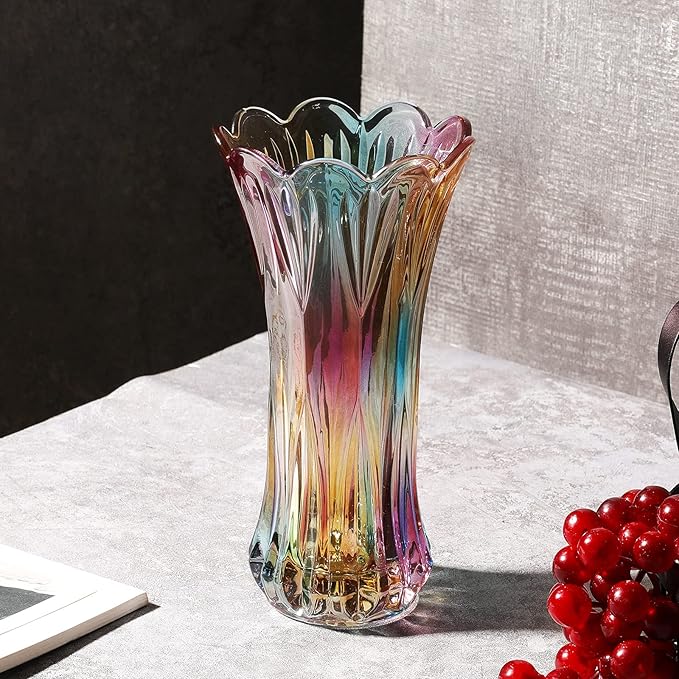 Glass Colorful Vase,Glass Flower Vase Decor for Home Dining Table Living Room,Office Wedding Holiday Party,Handmade Pattern(Phoenix Tail Style)