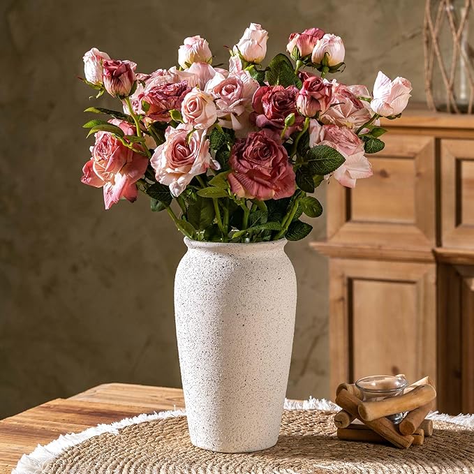 Rustic Farmhouse Flower Large Ceramic Vase, Vintage Pampas Grass Vase, White Modern Decorative Ceramic Flower Vase for Home Decor, Table, Living Room Decoration, Shelf Decor, Mantel, 9.8 Inch