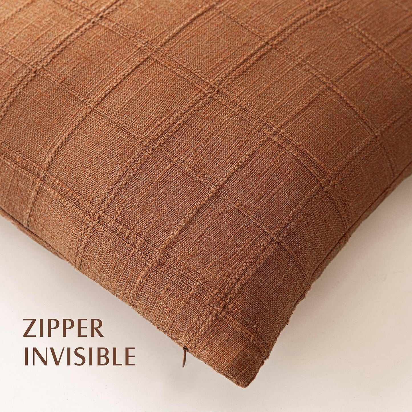 Foindtower Set of 2 Decorative Linen Check Throw Pillow Covers Neutral Farmhouse Vintage Cushion Covers Modern Boho Home Decor for Sofa Chair Couch Bedroom Living Room,26×26 Inch,Orange