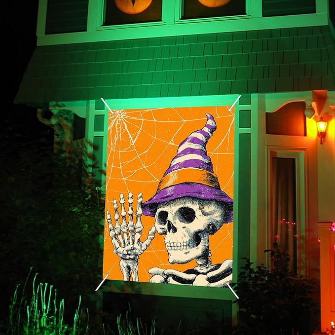 Nuxovilar Halloween Window Decorations, Skull in Witch Hat Halloween Window Cover for Indoor, Party, Haunted House, 31.5x47.3 Inches