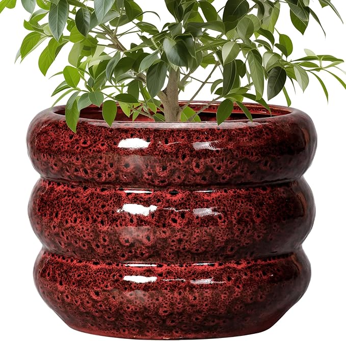 SQOWL 10 Inch Plant Pots - Ceramic Planter for Indoor Plants, Ceramic Plant Pot with Drainage Hole, Bubble Round Flower Pots Outdoor, Home Office Living Room Decor, Gifts for Plant Lover, Red