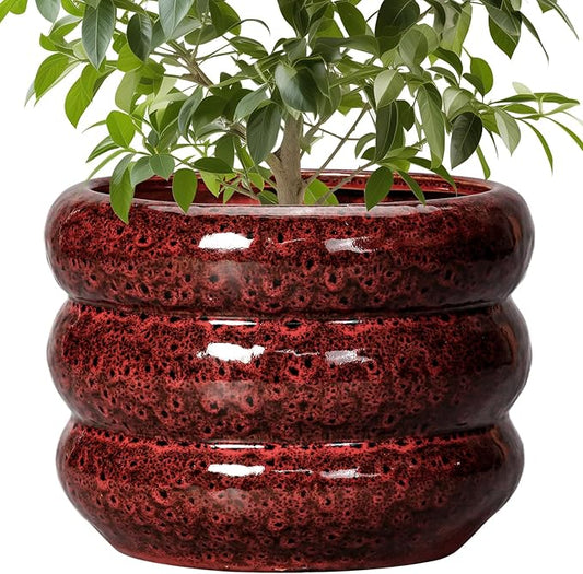 SQOWL 10 Inch Plant Pots - Ceramic Planter for Indoor Plants, Ceramic Plant Pot with Drainage Hole, Bubble Round Flower Pots Outdoor, Home Office Living Room Decor, Gifts for Plant Lover, Red