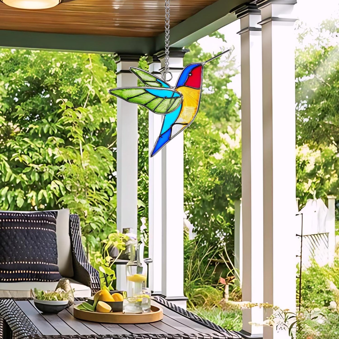 Handmade Stained Glass Hummingbird Hanging Ornament - Colorful 4.3x4.9 Inch Window/Garden Decor for Mom, Grandma, Mother's Day - Patio, Home, Wedding Decorations(Green Wing)