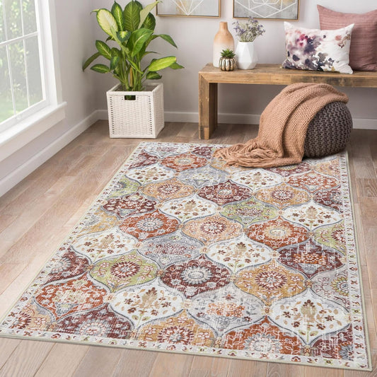Lahome Moroccan Trellis Washable Small Area Rug, 3x5 Black Rug for Bedroom Living Room, Non-Slip Oriental Accent Throw Carpet for Kitchen Office Entryway Bathroom Office, Orange/Terracotta