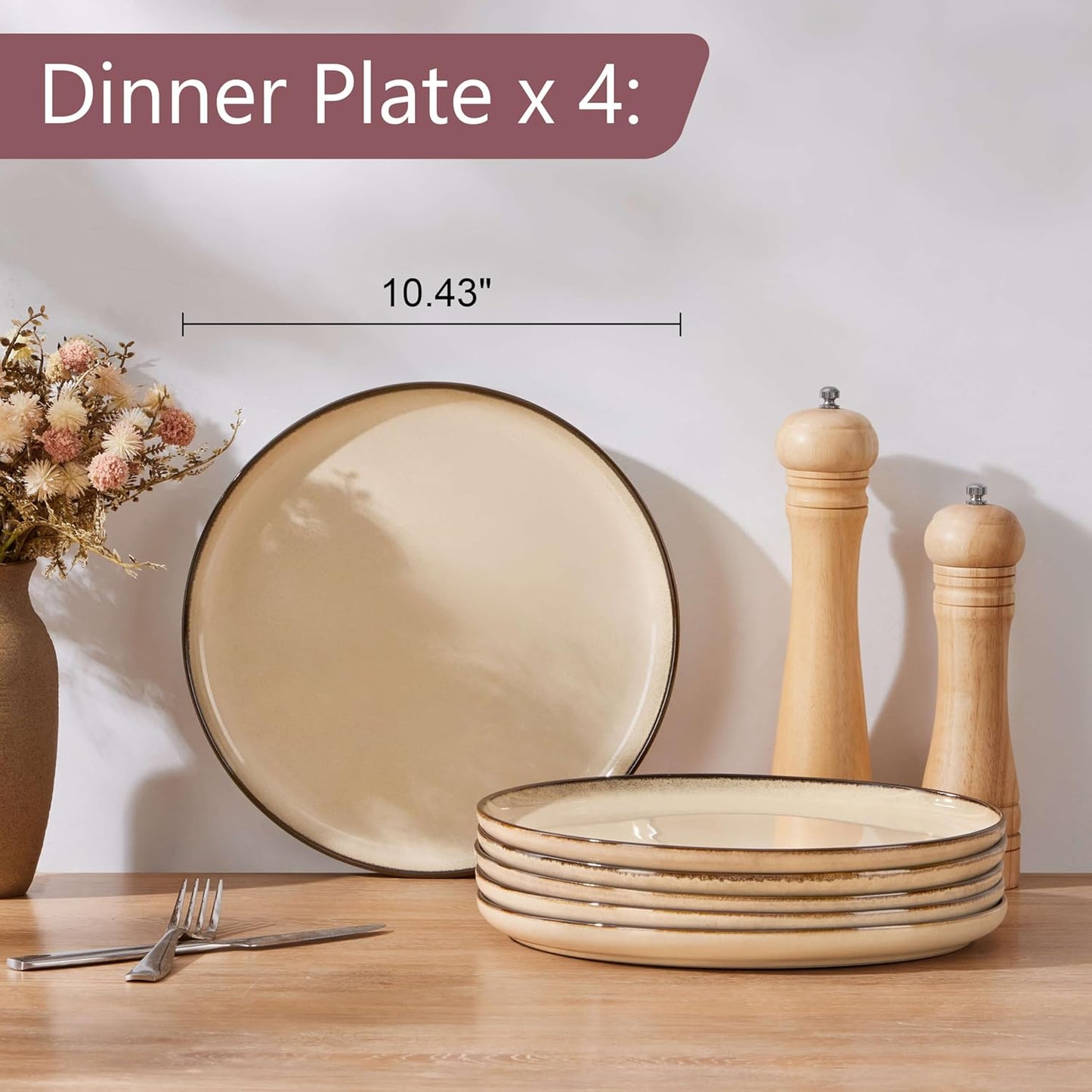 Herogo Ceramic 10.43 Inch Dinner Plates Set of 4, Stoneware Dinnerware Plate Set, Double Reactive Glaze Large Dinnerware Plates for Kitchen, Microwave, Oven & Dishwasher Safe, Cream Khaki