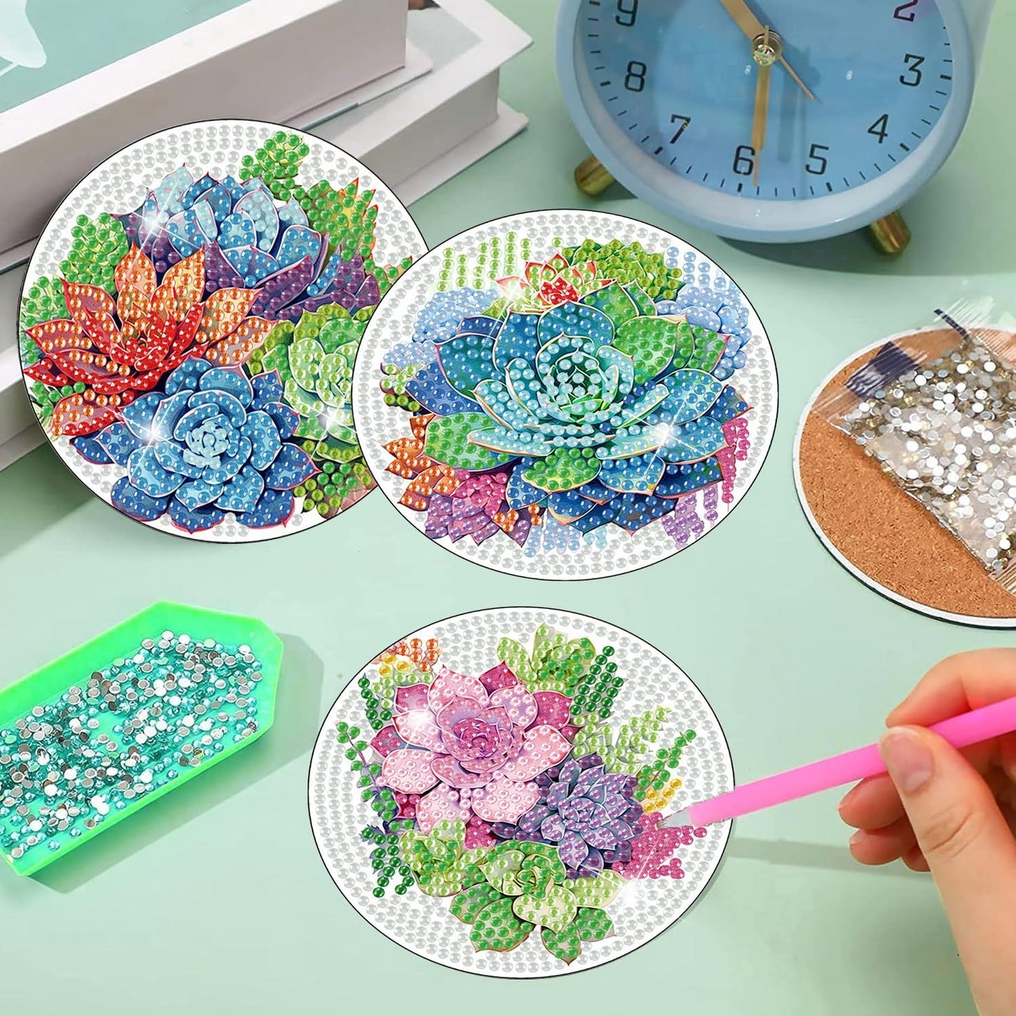 Meothan 8 Pcs Diamond Art Coasters Kits for Adults with Holder Cork Pads, Succulent Diamond Dots Art Painting Coasters Crafts Kit for Home Office Decor (Green Plants)