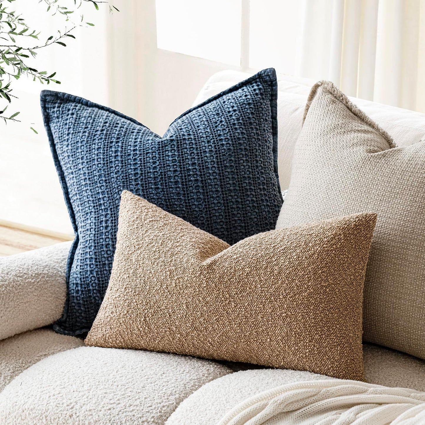 Foindtower Textured Boucle Throw Pillow Covers Accent Solid Lumbar Pillow Cases Cozy Soft Decorative Couch Cushion Case for Chair Sofa Bedroom Living Room Home Decor, 12 x 20 Inch,Taupe Khaki Camel