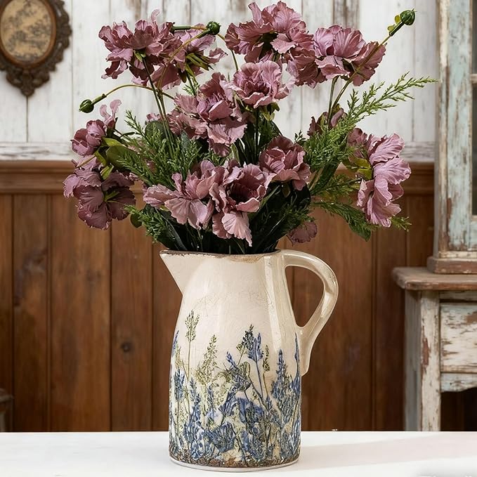 Navy Blue and Green Vintage Ceramic Floral Pitcher Vase, Rusitc Farmhouse Beige Decorative Flower Vase for Home Decor, Living Room, Rustic Table Centerpiece, Grand Millenial & Tuscan Decor 7.3 in