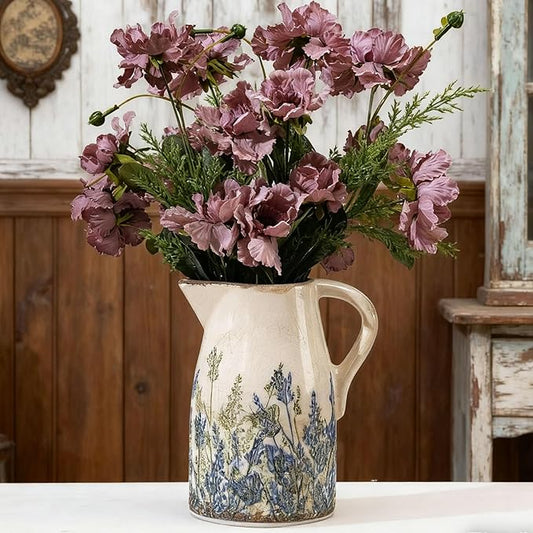 Navy Blue and Green Vintage Ceramic Floral Pitcher Vase, Rusitc Farmhouse Beige Decorative Flower Vase for Home Decor, Living Room, Rustic Table Centerpiece, Grand Millenial & Tuscan Decor 7.3 in