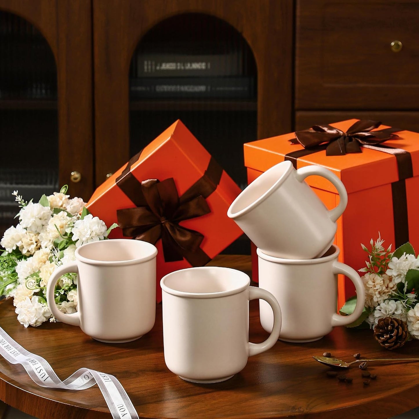 GZG 18 oz Coffee Mugs Set of 4, Modern Ceramic Coffee Cups Set with Handle, Large Coffee Mugs for Tea, Latte, Milk, Cocoa, Rustic Matte Glaze, Microwave & Dishwasher Safe(Cream Mist)