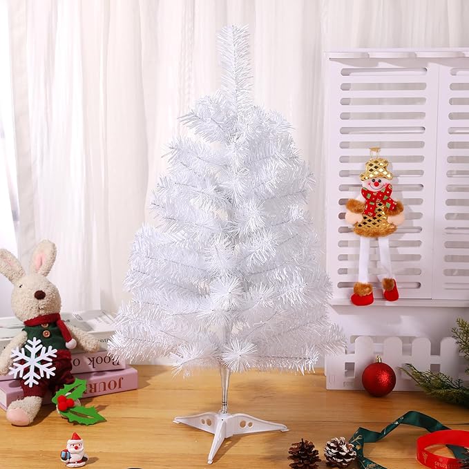 2FT Artificial Christmas Tree White Tabletop Christmas Tree with Plastic Stand Mini Xmas Pine Tree for Party Supplies Indoor Outdoor Holiday Home Decoration(White)