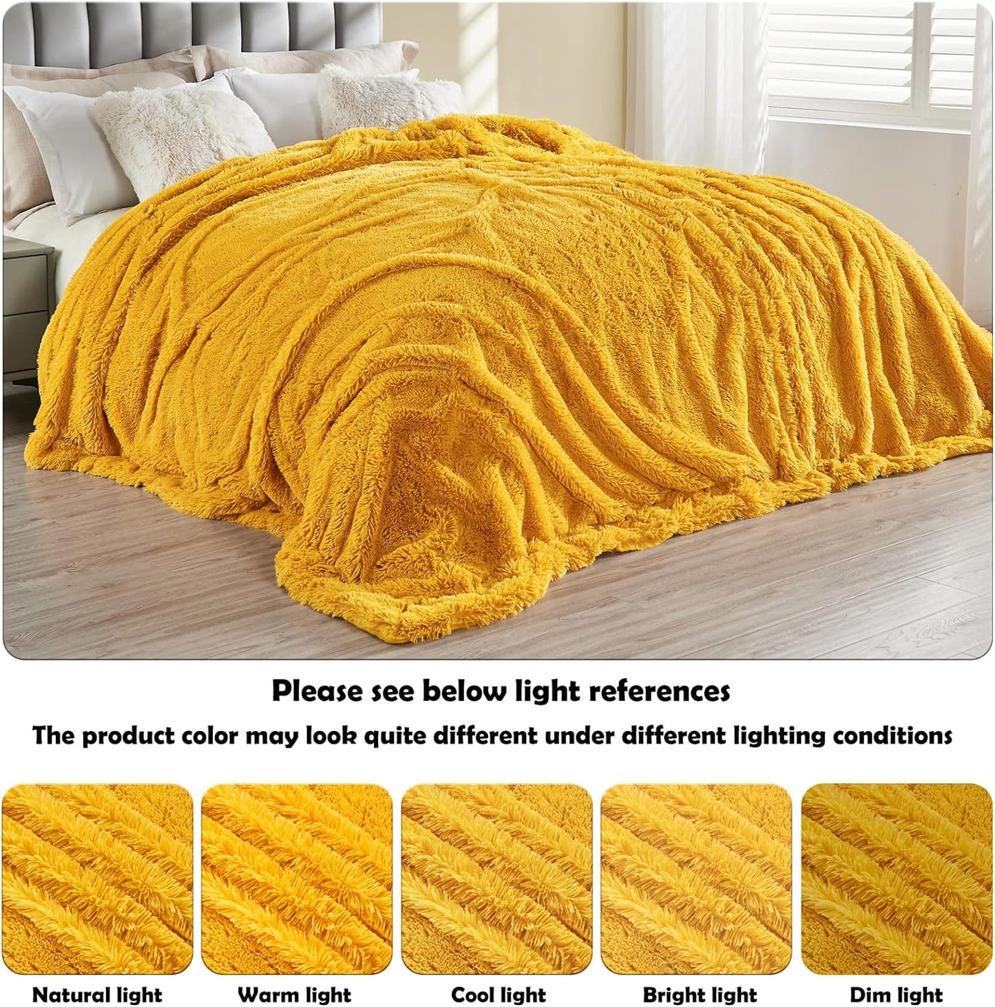 GONAAP Fuzzy Faux Fur Throw Blanket Twin Size Mustard Yellow Super Soft Cozy Plush Fuzzy Shaggy Blanket for Couch Sofa Bed (Mustard Yellow, Twin(60"x80"))